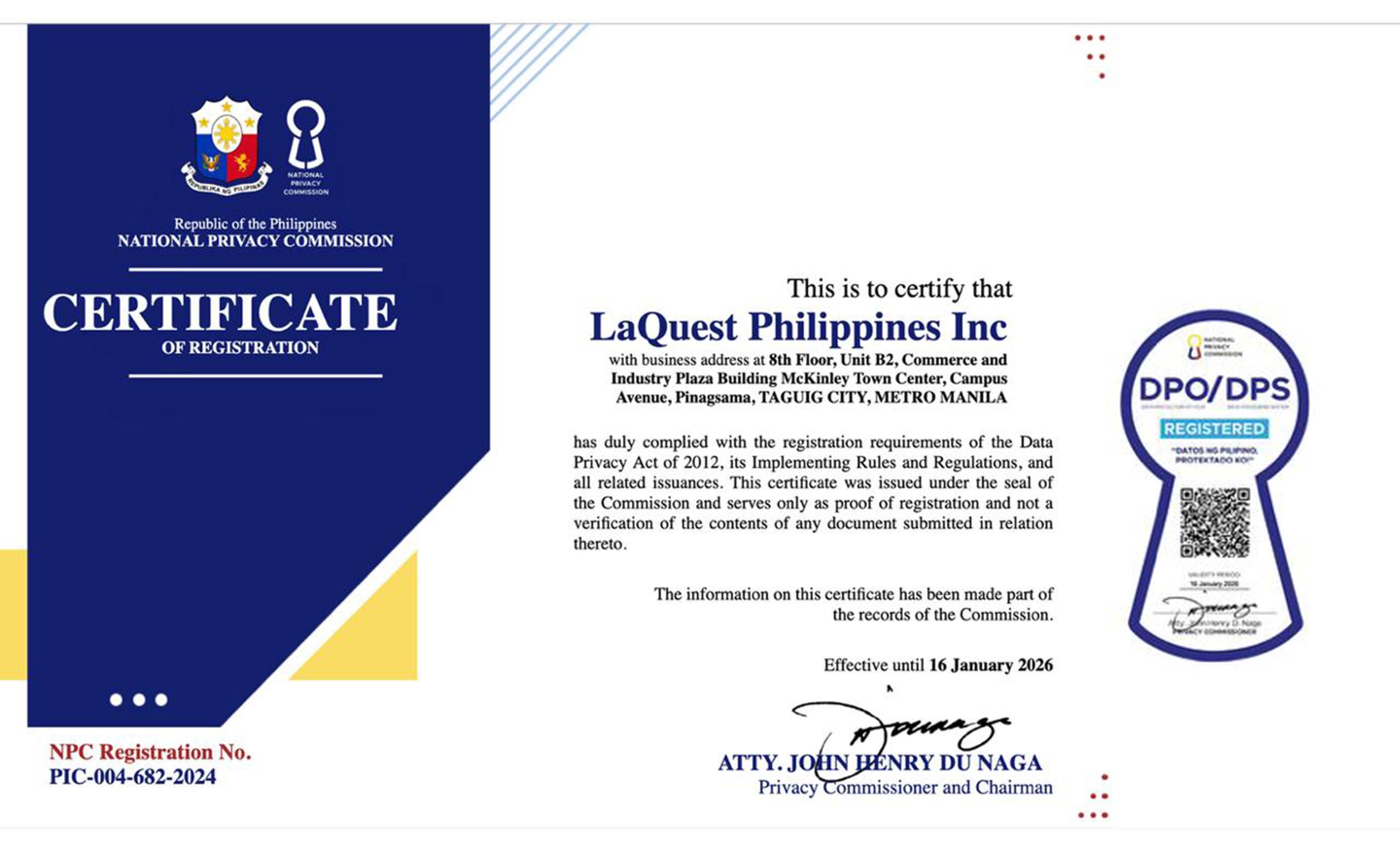 LaQuest Certificate